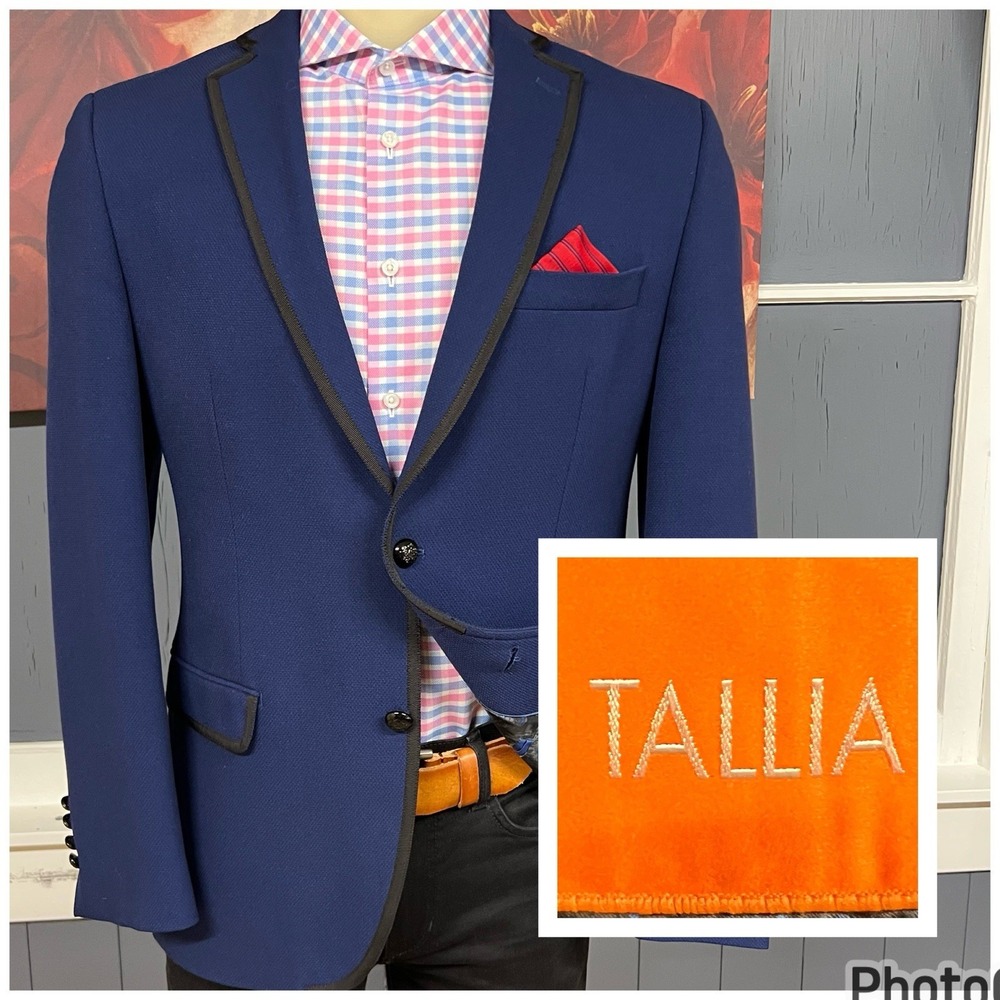 Tallia Dinner Jacket Blazer Sport Coat Mens 40R Polyester Blend Stretch Blue